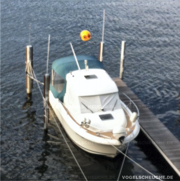 Vogelscheuch BALLON zur Möwenabwehr auf Boot Persenning.