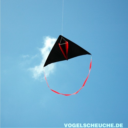 Nahaufnahme des schwarz-roten Delta-Drachens vor blauem Himmel.